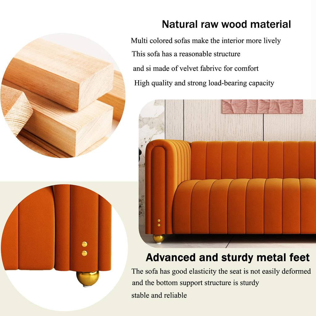81" Orange Velvet Tufted Sofa 3 Seater with Metal Legs H3814