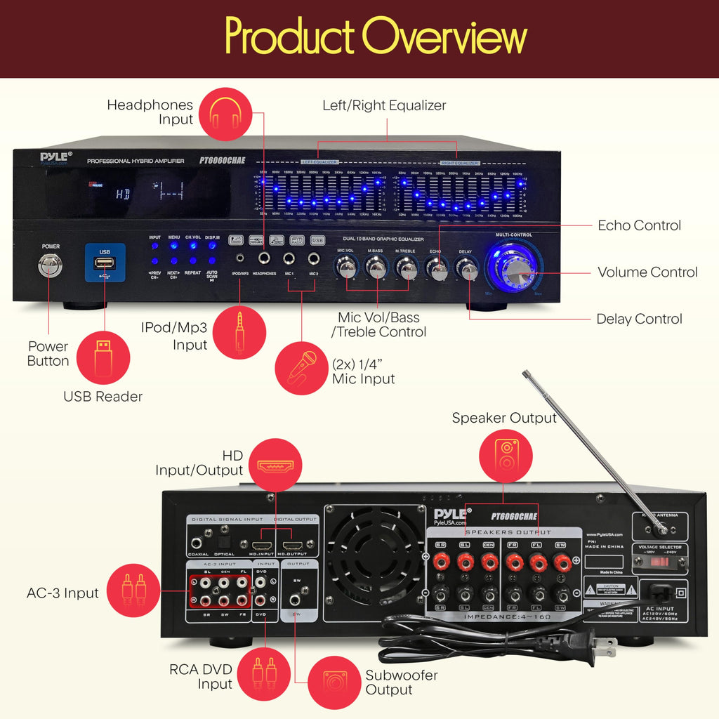 2000W 6-Channel Bluetooth Hybrid Home Amplifier T767