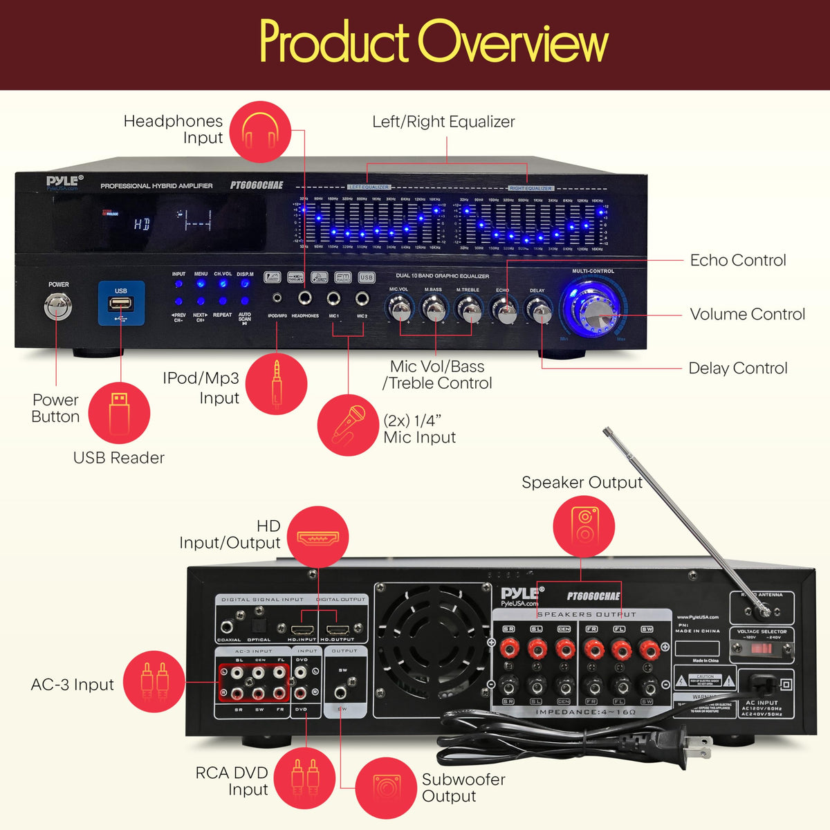 2000W 6-Channel Bluetooth Hybrid Home Amplifier T767
