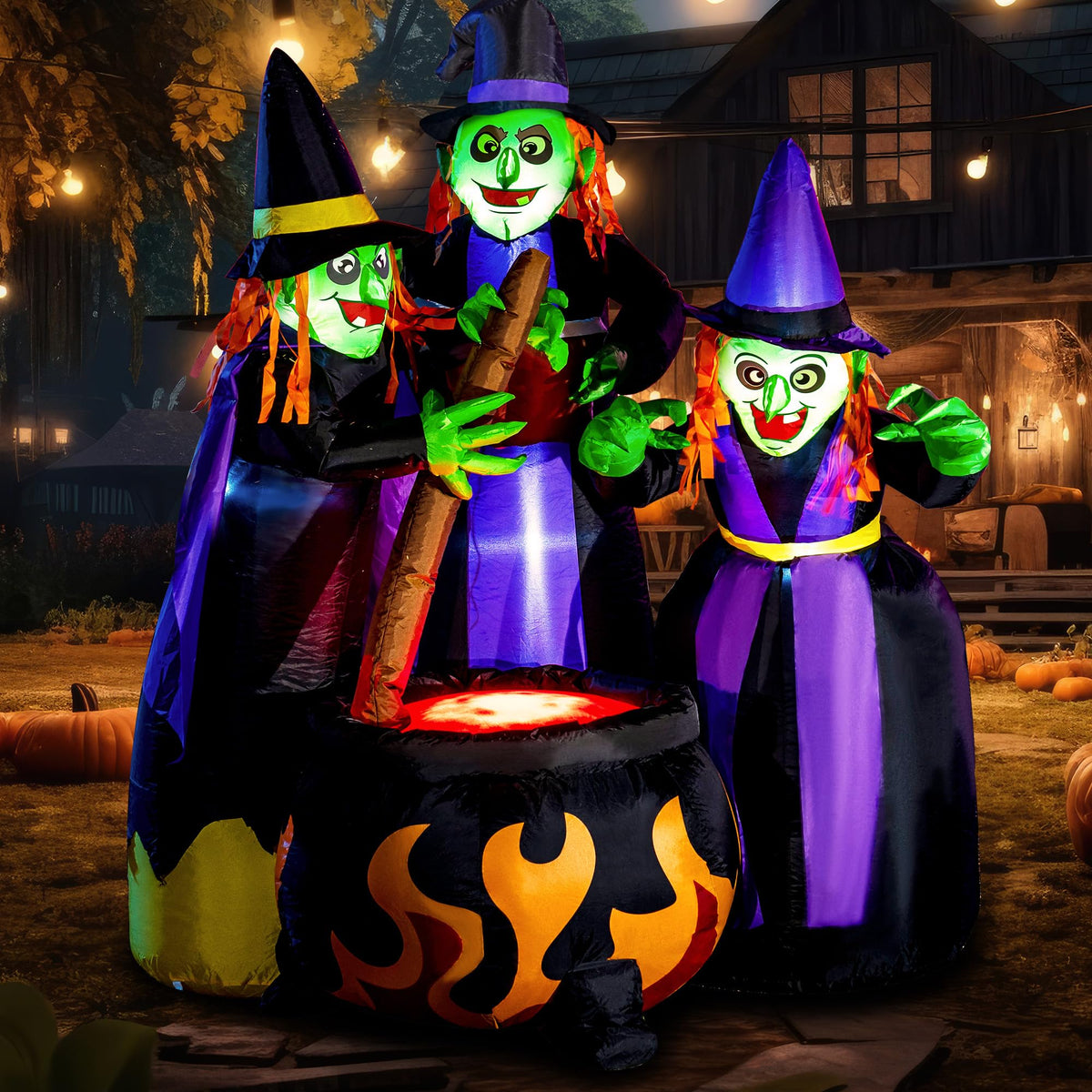 6 FT Halloween Inflatables Three Witch Cauldron with LEDs P7856