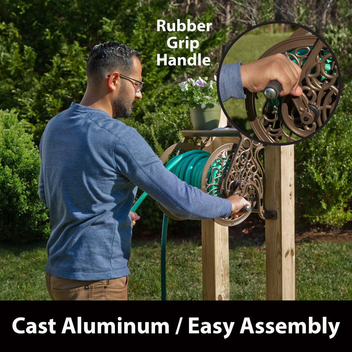 Cast Aluminum Wall Mount Hose Reel, Holds 125-Feet of 5/8-Inch Hose - Bronze E248