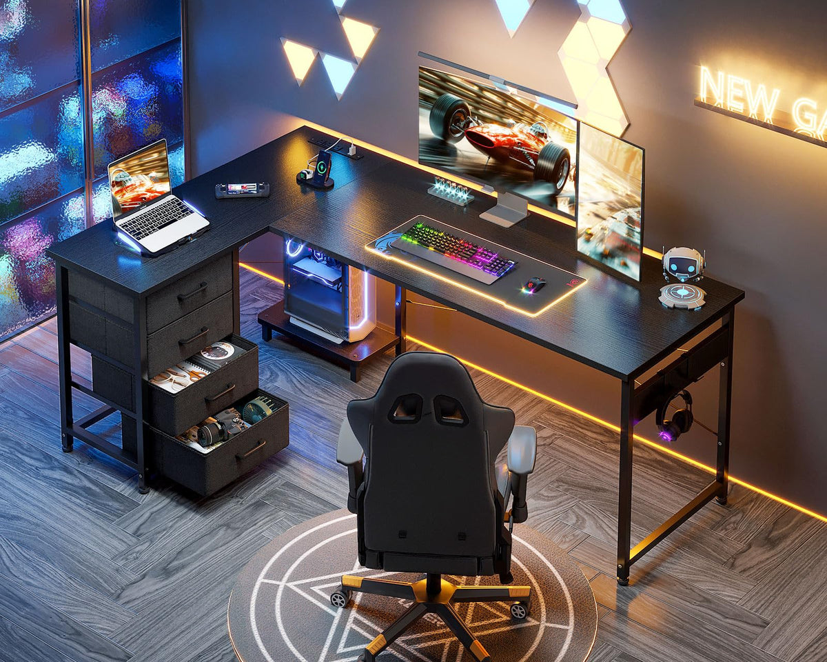 61" L Shaped Gaming Desk with 4 Drawers and Power Outlets, Black X545024