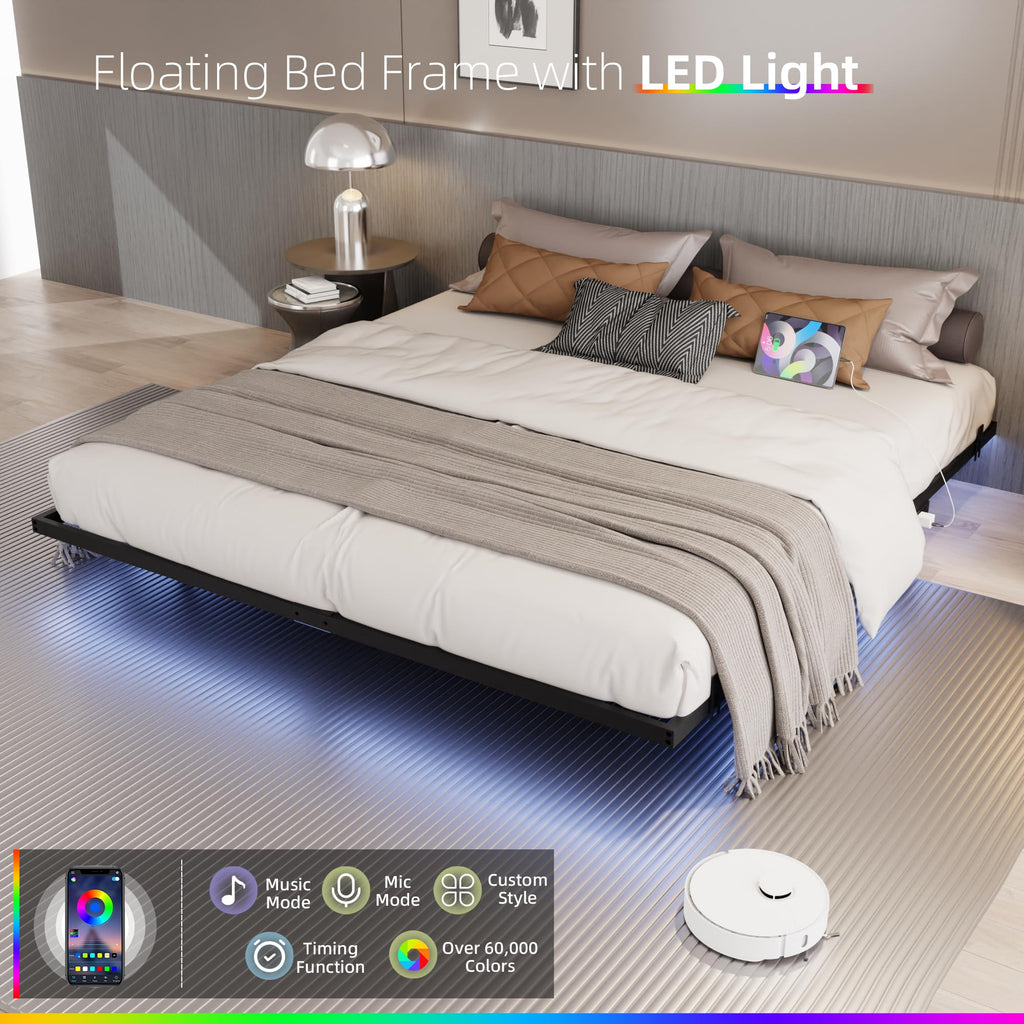 King Size Metal Platform Bed Frame with Charging Station and LED Lights F163734