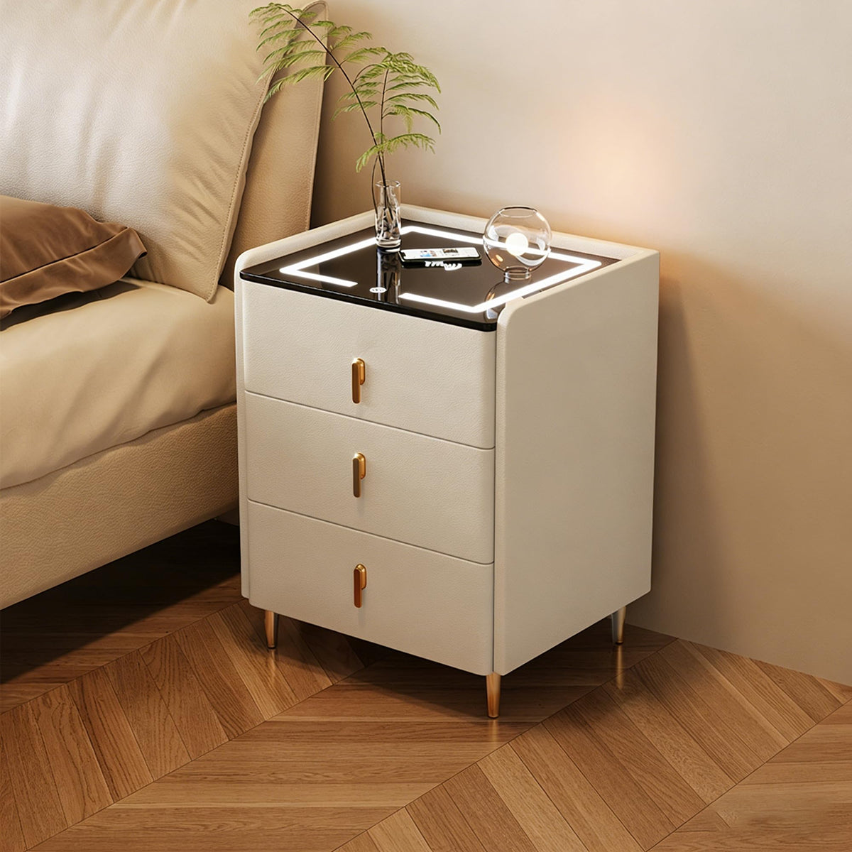 Off White 3 Drawer Wooden Nightstand with Wireless Charging R47166