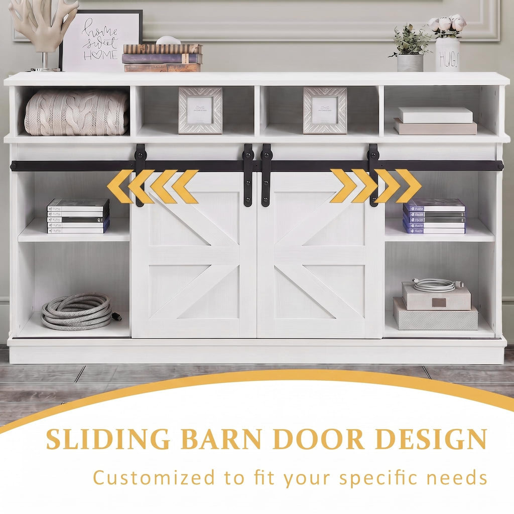 White Farmhouse TV Stand with Sliding Barn Doors H55489
