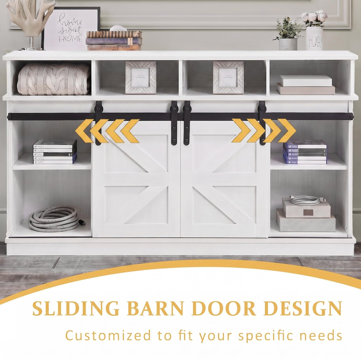 White Farmhouse TV Stand with Sliding Barn Doors H55489