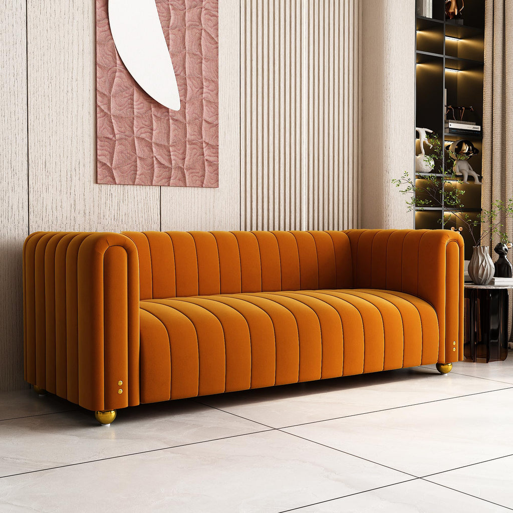 81" Orange Velvet Tufted Sofa 3 Seater with Metal Legs H3814