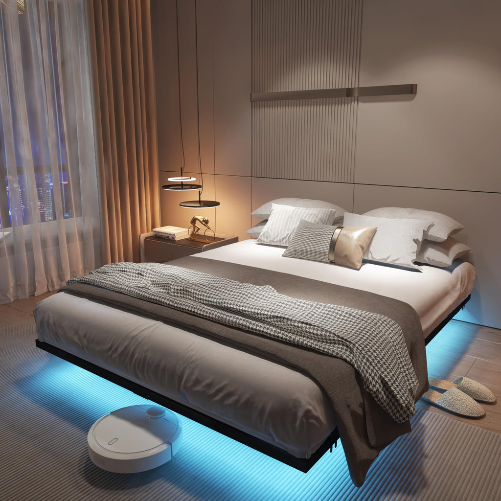 King Size Metal Platform Bed Frame with Charging Station and LED Lights F163734