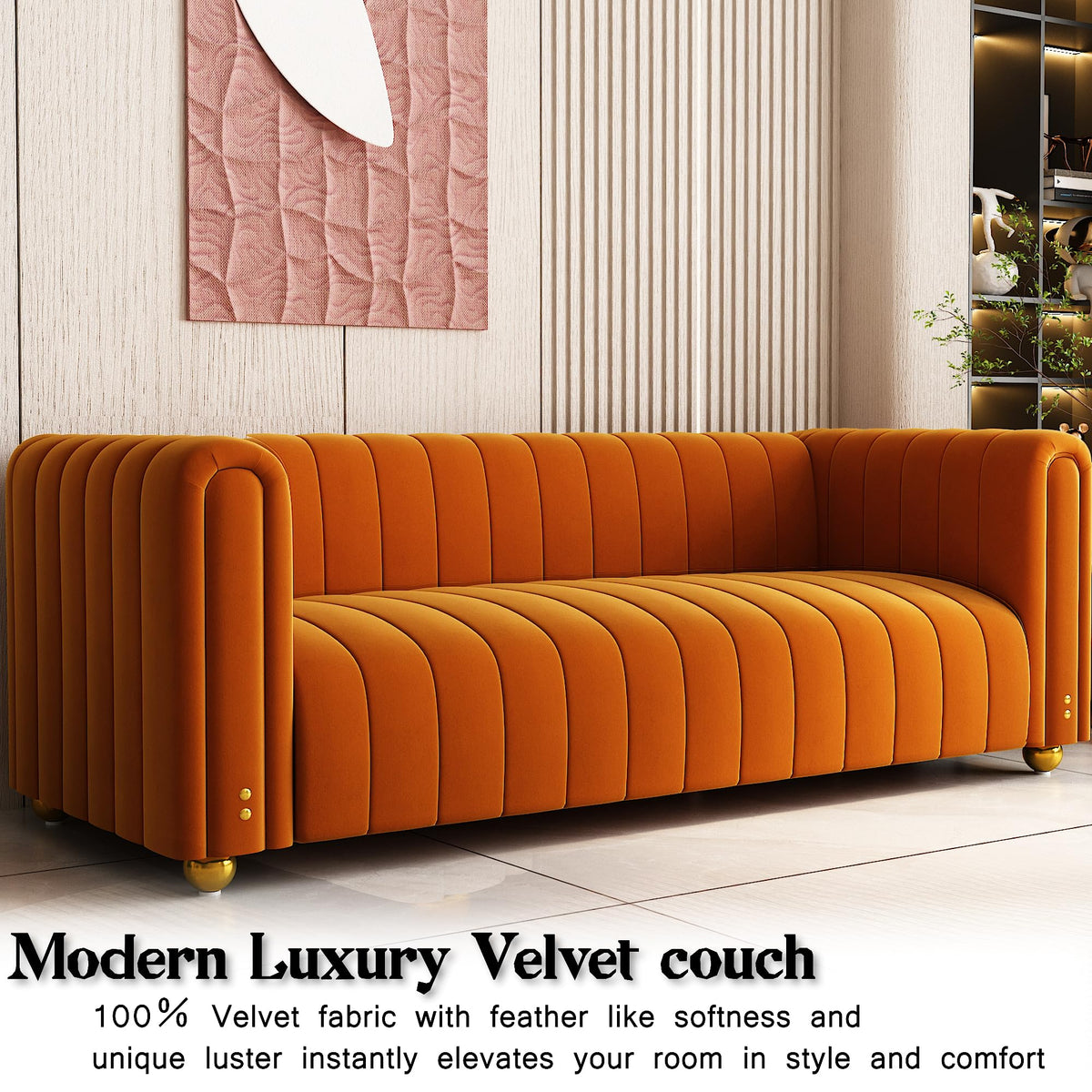 81" Orange Velvet Tufted Sofa 3 Seater with Metal Legs H3814