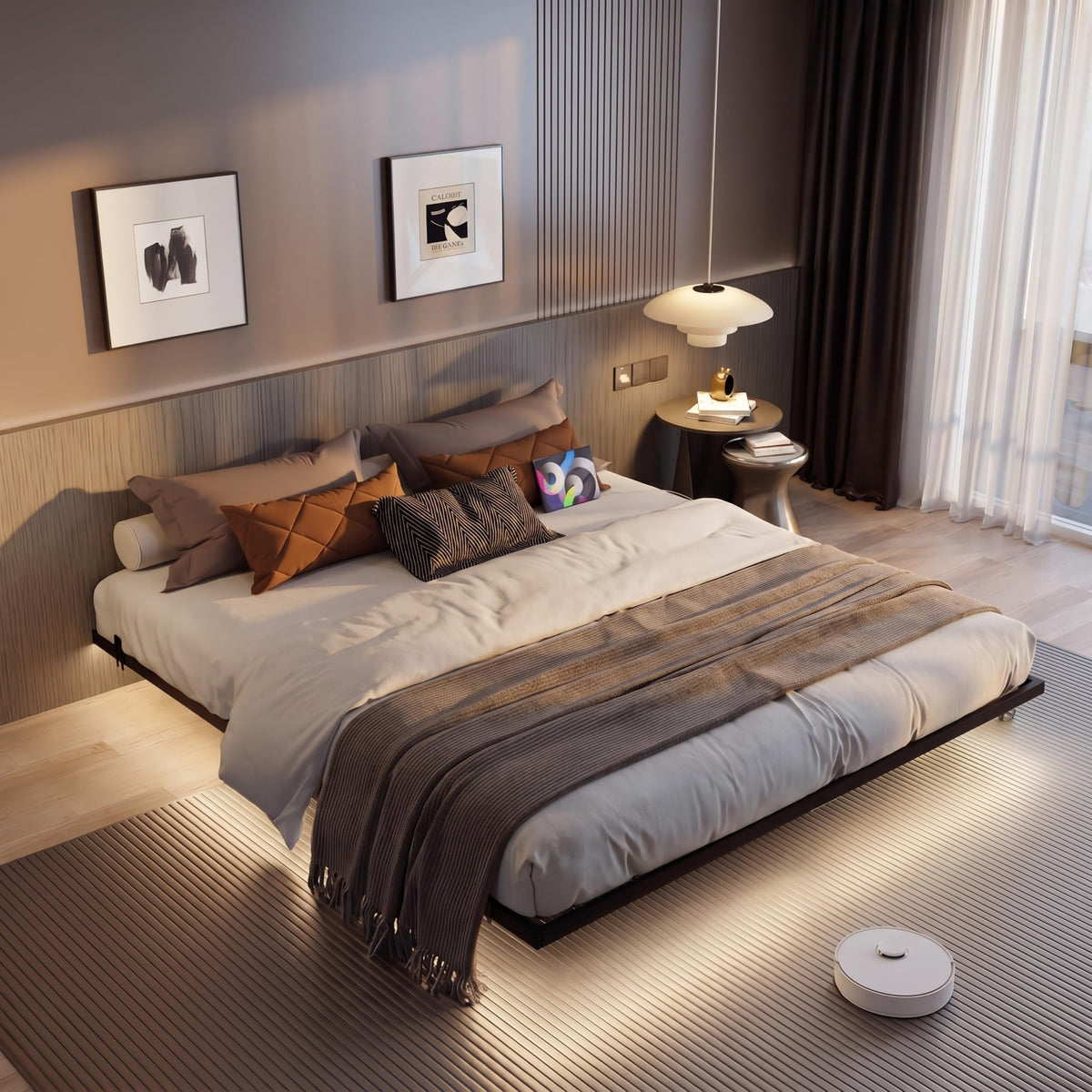King Size Metal Platform Bed Frame with Charging Station and LED Lights F163734