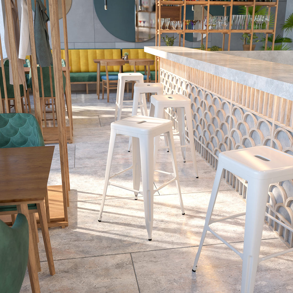 White Metal Indoor-Outdoor Barstool with Square Seat T117828